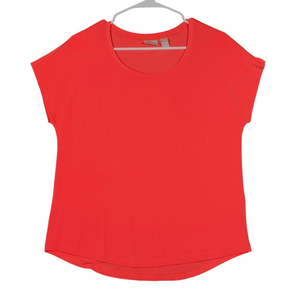 Chico's Women's Coral Orange Scoop Neck Tunic Top Short Sleeve Size 1 (US M-8)